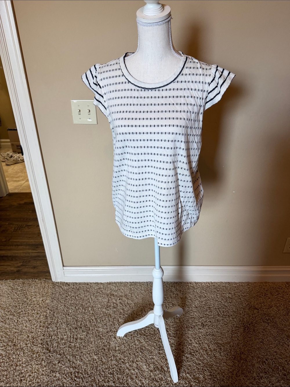 Casual White & Black Striped Cap Sleeve Top